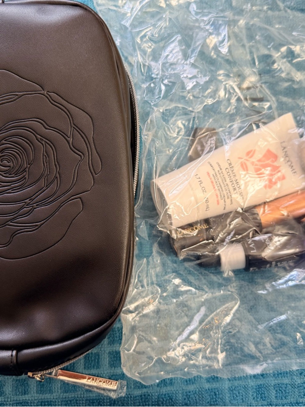 Lancome Black Floral Embossed Travel Pouch with Sample Skincare Set